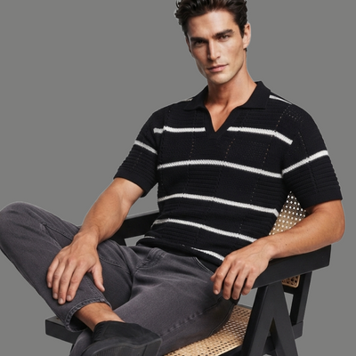 Oversized Textured Knit Striped Polo Shirt