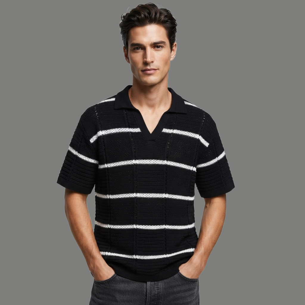 Oversized Textured Knit Striped Polo Shirt