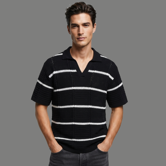 Oversized Textured Knit Striped Polo Shirt