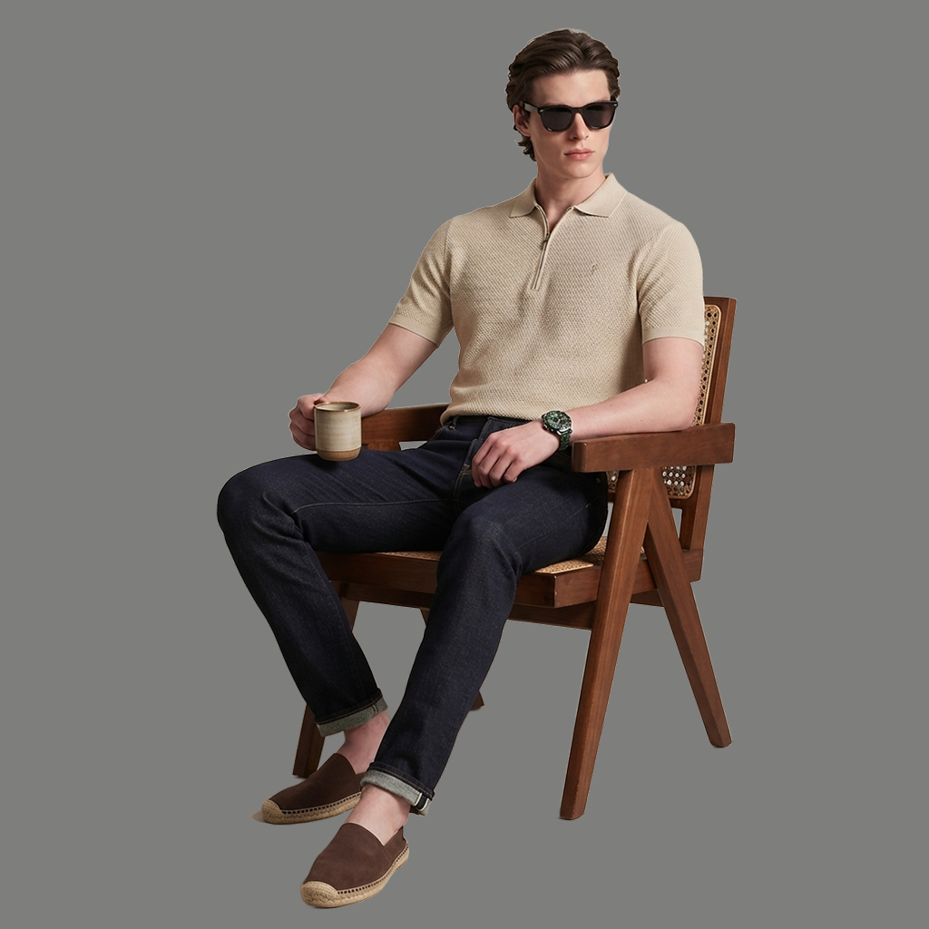 Relaxed Fit Textured Half Zip Polo