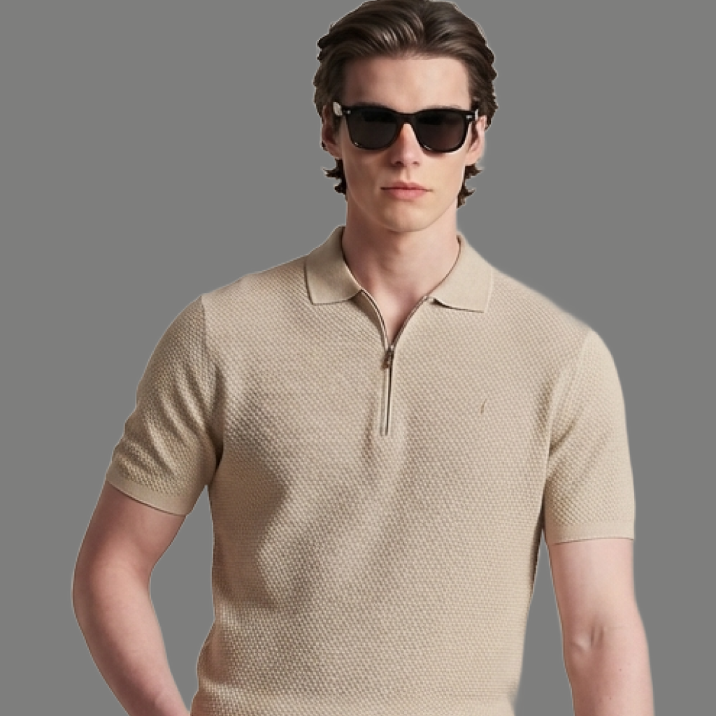 Relaxed Fit Textured Half Zip Polo