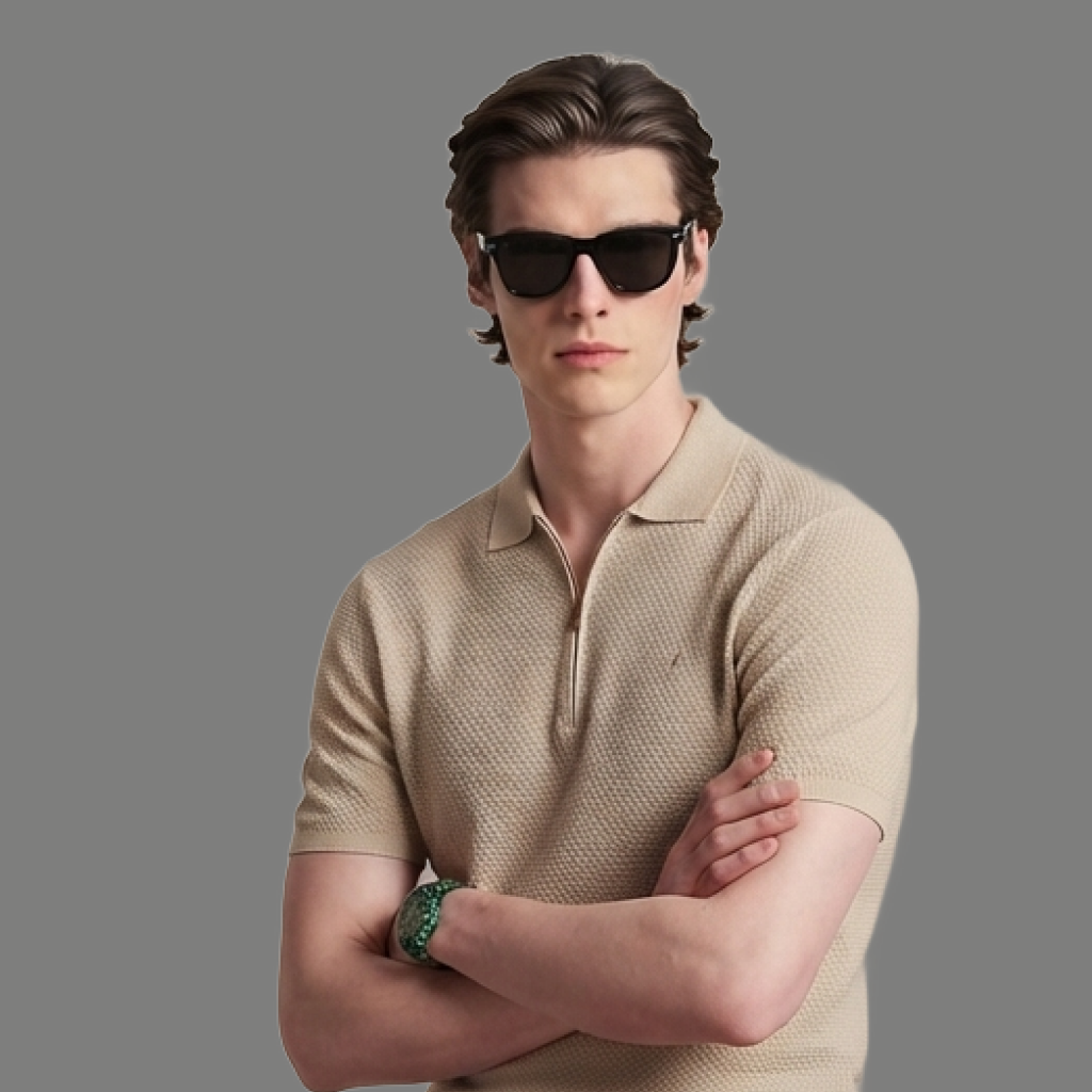 Relaxed Fit Textured Half Zip Polo