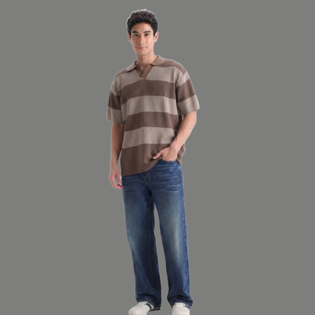 Relaxed Fit Wide Stripe Open Collar Knit