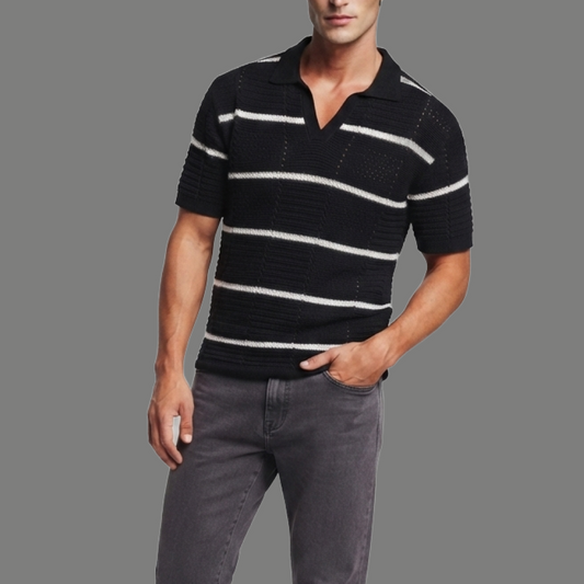 Oversized Textured Knit Striped Polo Shirt