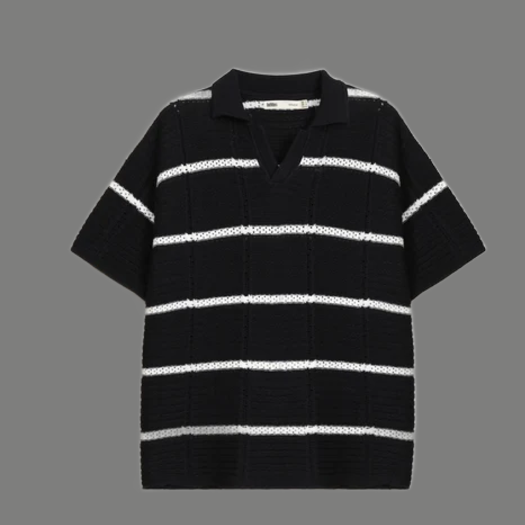 Oversized Textured Knit Striped Polo Shirt