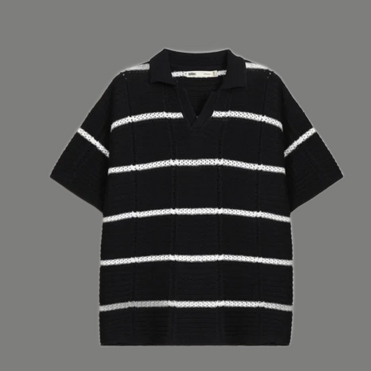 Oversized Textured Knit Striped Polo Shirt