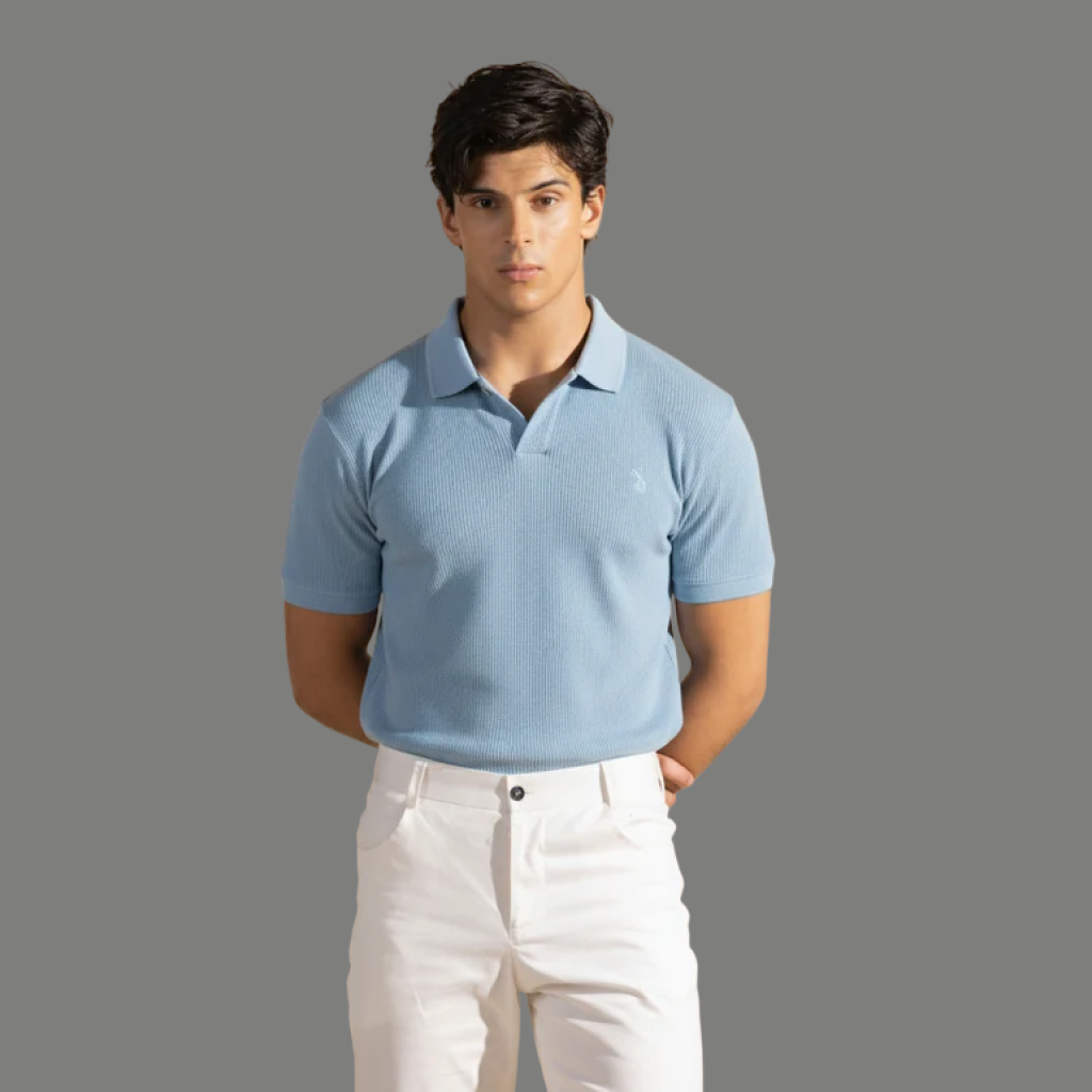 Light Blue Polo Shirt - Johnny Collar Waffle Knitted Design