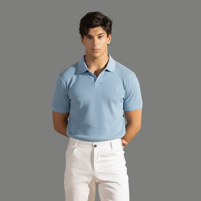 Light Blue Polo Shirt - Johnny Collar Waffle Knitted Design