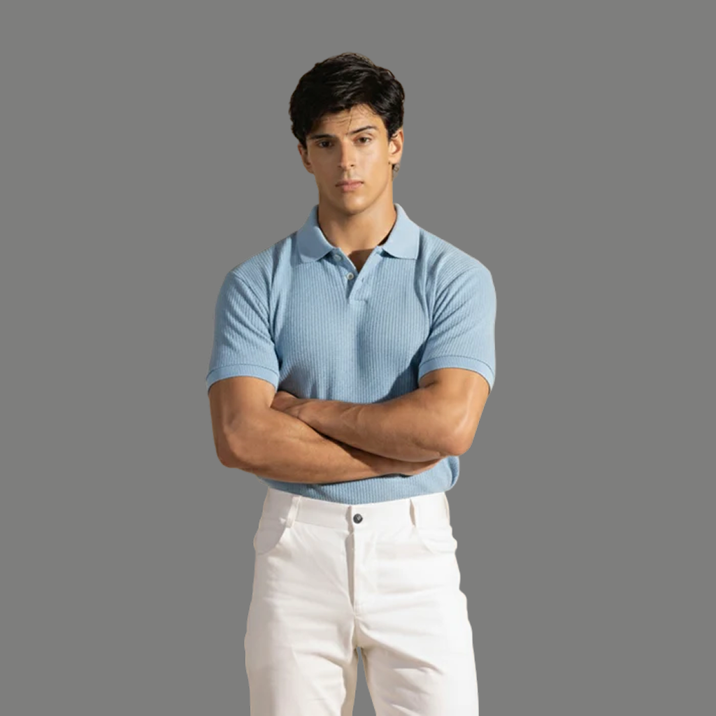 Light Blue Polo Shirt - Johnny Collar Waffle Knitted Design