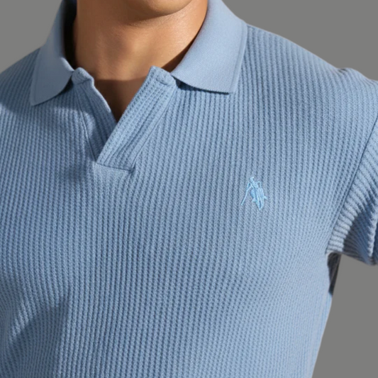 Light Blue Polo Shirt - Johnny Collar Waffle Knitted Design