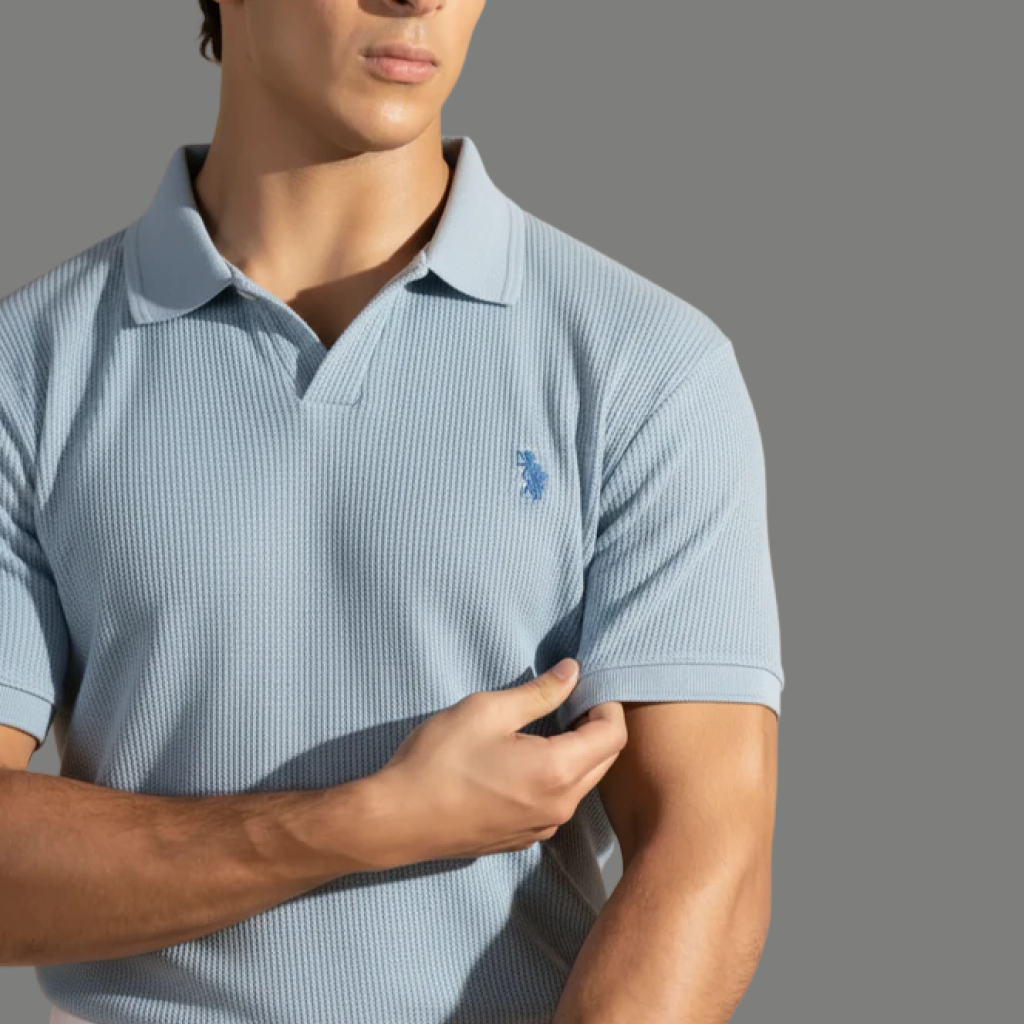 Light Blue Polo Shirt - Johnny Collar Waffle Knitted Design