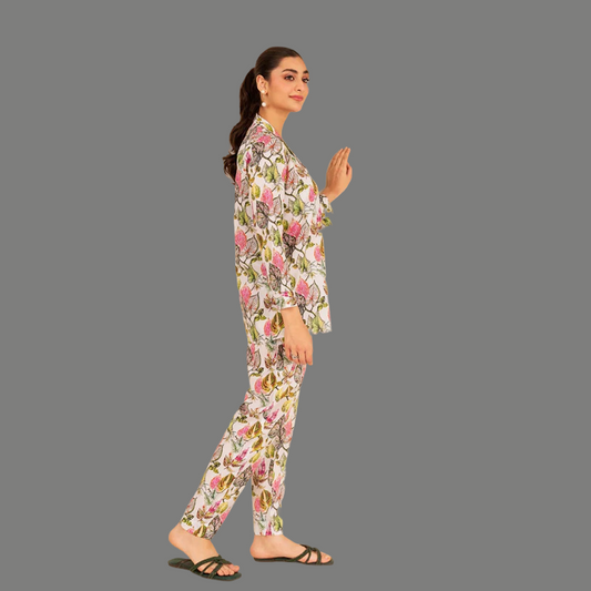 Multi Floral Co-Ord Set With Short Shirt