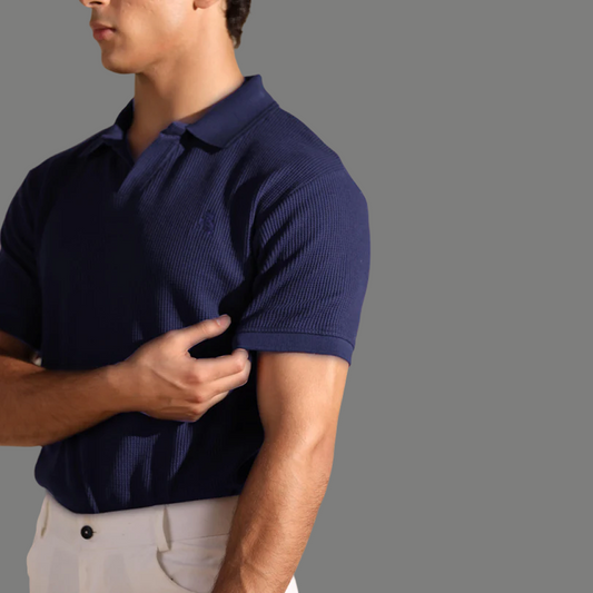 Navy Blue Waffle Knit Polo Shirt with Johnny Collar