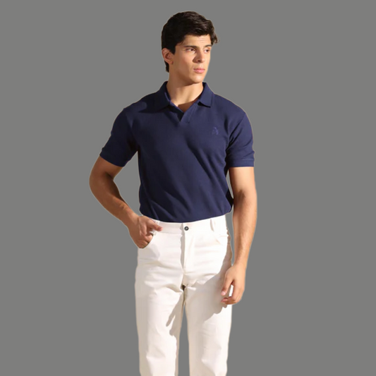 Navy Blue Waffle Knit Polo Shirt with Johnny Collar