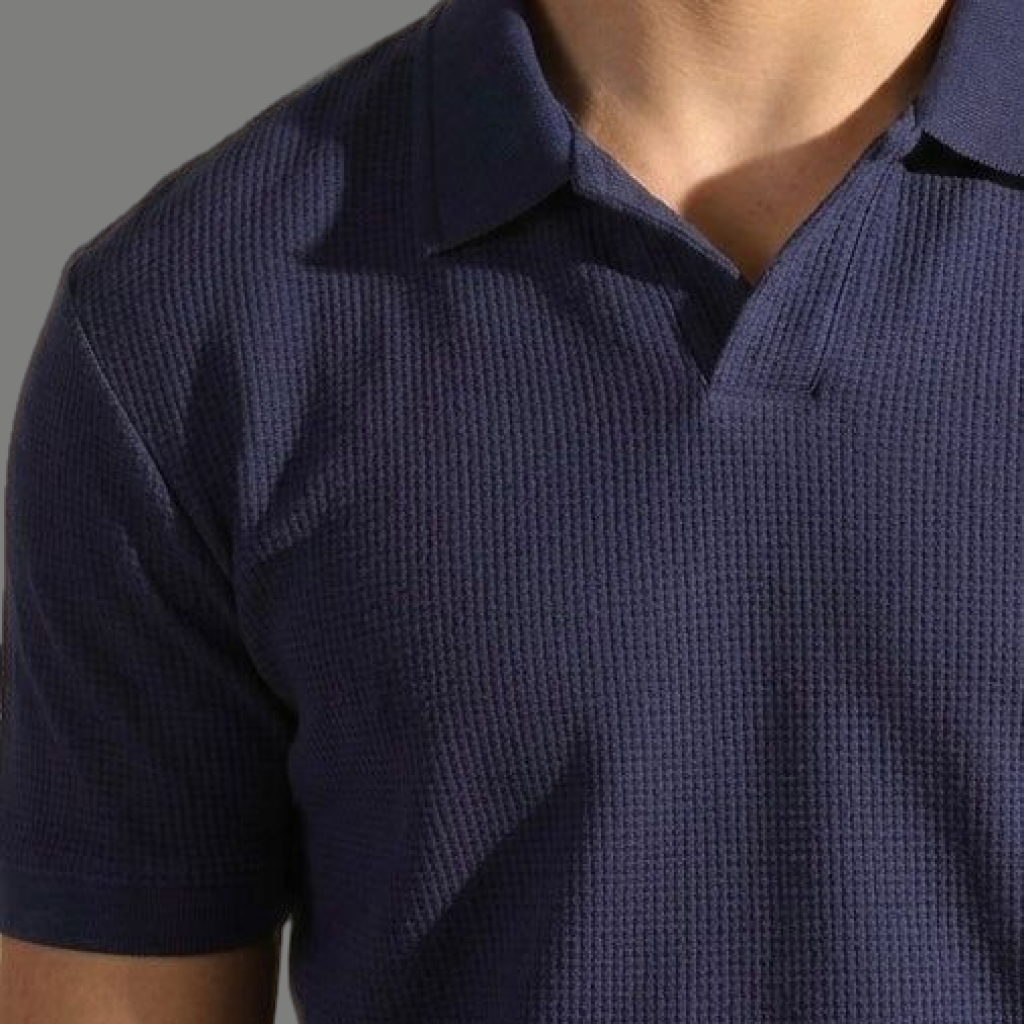Navy Blue Waffle Knit Polo Shirt with Johnny Collar