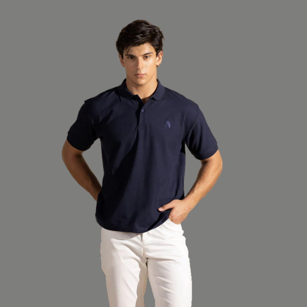 Navy Blue Waffle Knit Polo Shirt with Johnny Collar