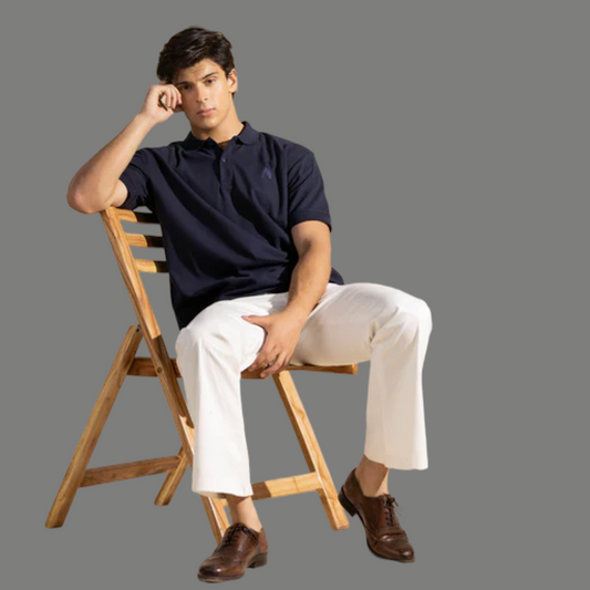 Navy Blue Waffle Knit Polo Shirt with Johnny Collar