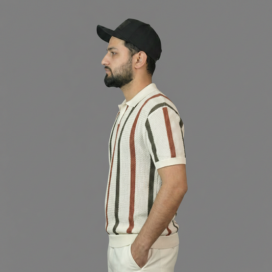 Retro Stripe Knit Polo Shirt