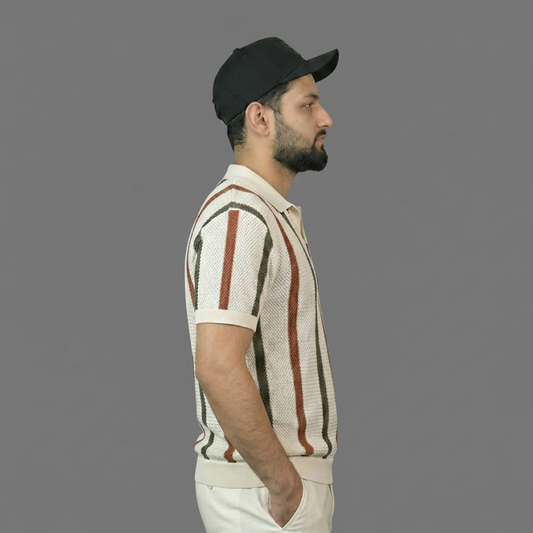 Retro Stripe Knit Polo Shirt