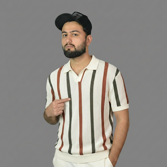 Retro Stripe Knit Polo Shirt