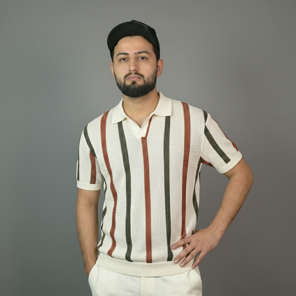 Retro Stripe Knit Polo Shirt